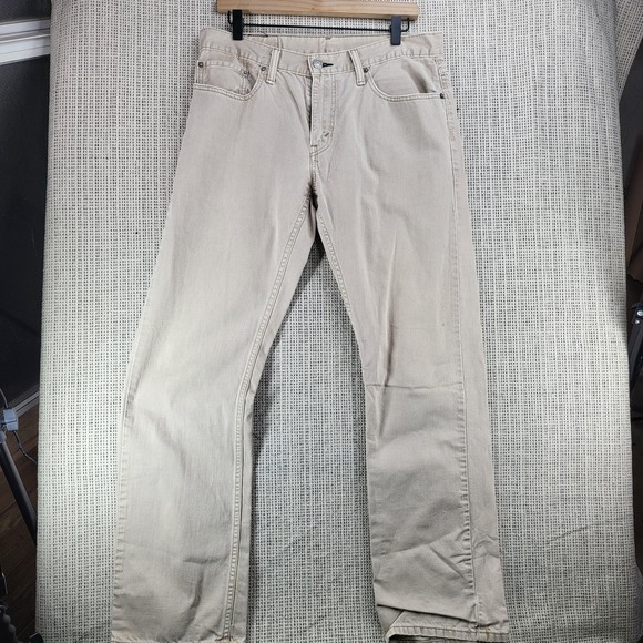 Levis 514 Jeans Mens 33x32 Khaki Beige Twill Straight Leg 5 Pocket Zip Fly - Picture 1 of 8